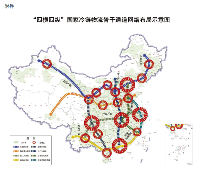 附件：“四横四纵”国家冷链物流骨干通道网络布局示意图
