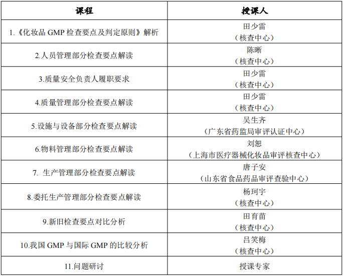 注：授课老师均为《化妆品生产质量管理规范实施检查指南》编委